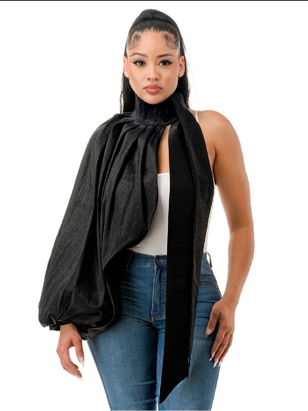 🖤 Dramatic One Sleeve Statement Top | Black High Neck Balloon Sleeve Blouse